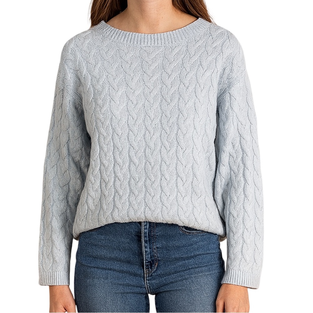 Peace Love World Sweater Cable Knit Pullover Crew Neck Warm Winter Blue XS